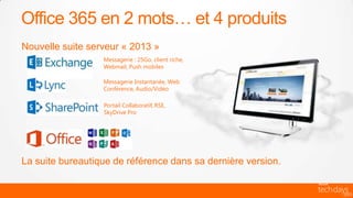Office 365 en 2 mots… et 4 produits
Nouvelle suite serveur « 2013 »
                  Messagerie : 25Go, client riche,
                  Webmail, Push mobiles

                  Messagerie Instantanée, Web
                  Conférence, Audio/Vidéo

                  Portail Collaboratif, RSE,
                  SkyDrive Pro




La suite bureautique de référence dans sa dernière version.
 