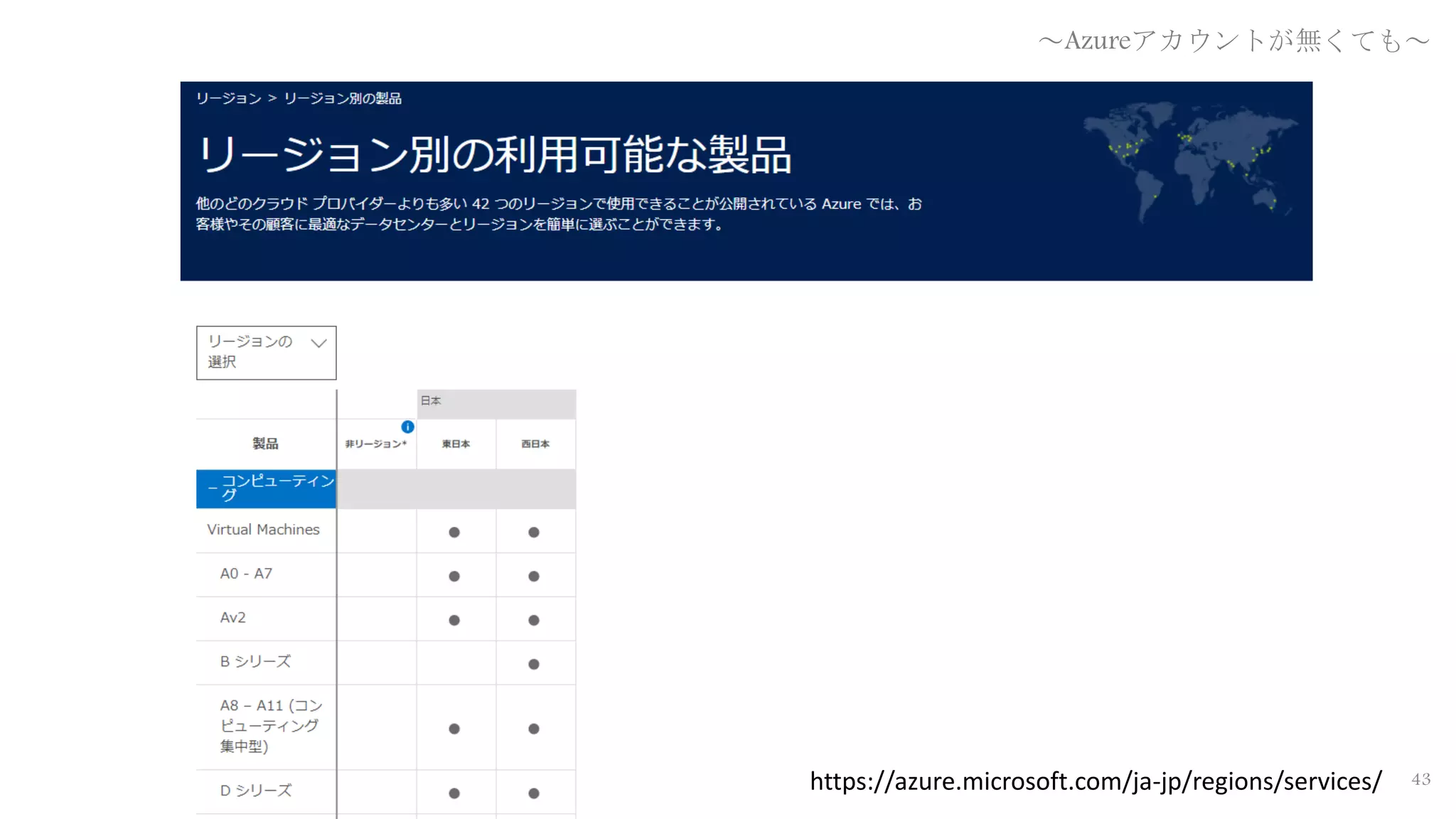 43https://azure.microsoft.com/ja-jp/regions/services/
～Azureアカウントが無くても～
 