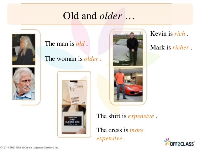 Old and older …
The man is old .
The woman is older .
The shirt is expensive .
The dress is more
expensive .
Kevin is rich .
Mark is richer .
© 2014-2021 Global Online Language Services Inc.
 