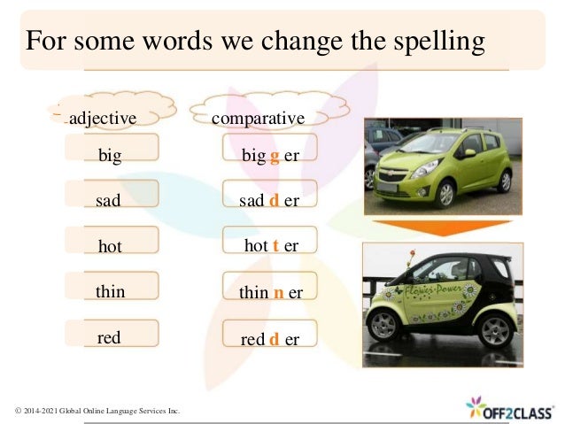 For some words we change the spelling
adjective
big
sad
hot
thin
red
comparative
big g er
sad d er
hot t er
thin n er
red d er
© 2014-2021 Global Online Language Services Inc.
 