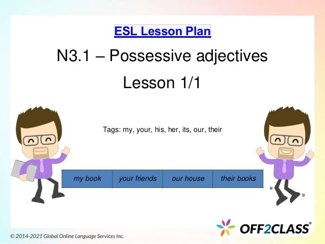 N3.1 – Possessive adjectives
Lesson 1/1
Tags: my, your, his, her, its, our, their
my book your friends our house their books
 