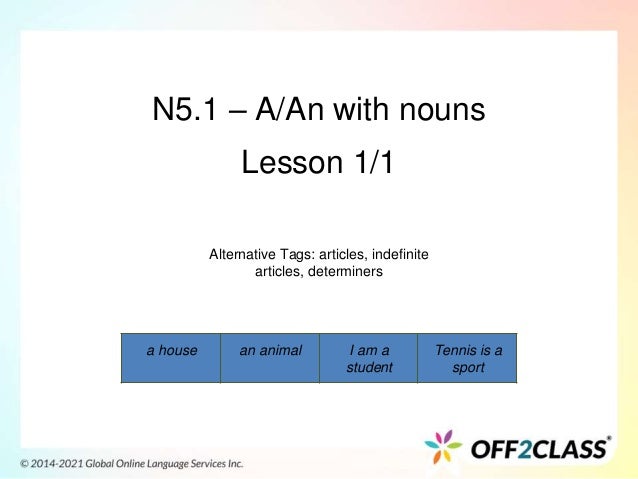 N5.1 – A/An with nouns
Lesson 1/1
Alternative Tags: articles, indefinite
articles, determiners
a house an animal I am a
student
Tennis is a
sport
 