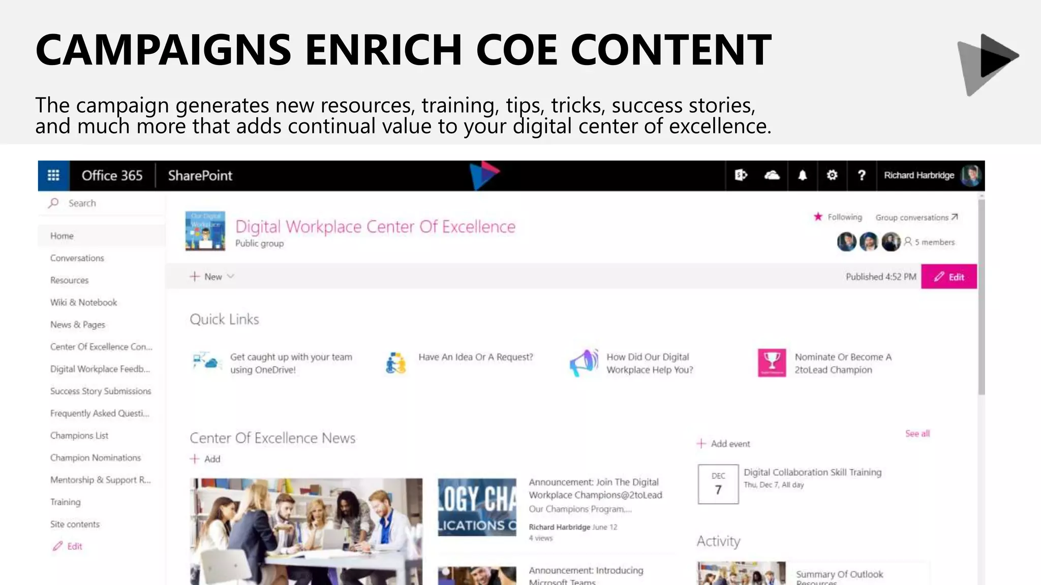 CAMPAIGNS ENRICH COE CONTENT
The campaign generates new resources, training, tips, tricks, success stories,
and much more that adds continual value to your digital center of excellence.
 