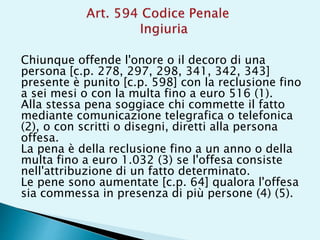 Chiunque offende l'onore o il decoro di una
persona [c.p. 278, 297, 298, 341, 342, 343]
presente è punito [c.p. 598] con la reclusione fino
a sei mesi o con la multa fino a euro 516 (1).
Alla stessa pena soggiace chi commette il fatto
mediante comunicazione telegrafica o telefonica
(2), o con scritti o disegni, diretti alla persona
offesa.
La pena è della reclusione fino a un anno o della
multa fino a euro 1.032 (3) se l'offesa consiste
nell'attribuzione di un fatto determinato.
Le pene sono aumentate [c.p. 64] qualora l'offesa
sia commessa in presenza di più persone (4) (5).
 