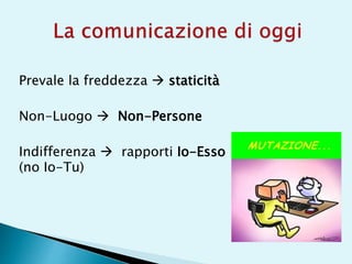 Prevale la freddezza  staticità
Non-Luogo  Non-Persone
Indifferenza  rapporti Io-Esso
(no Io-Tu)
 