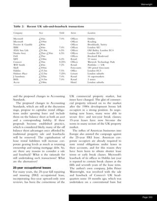 UK commercial property market, but
times have changed. The glut of commer-
cial property released on to the market
after the 1980s development boom left
occupiers in a strong position. In nego-
tiating new leases, many were able to
secure ﬁve- and ten-year break clauses;
15-year leases have now become the
norm in many sectors of the UK property
market.
The inﬂux of American businesses into
Europe also assisted the campaign against
the 25-year FRI lease. American cor-
porate occupiers are already required to
note rental obligations under leases in
their accounts, and for this reason they
have been keen to obtain shorter lease
terms or early break clauses. Microsoft’s
leaseback of its ofﬁces in Dublin last year
is reputed to contain break clauses at the
ﬁfth and seventh years of the lease term.
The author’s own company, John Peiser
Wainwright, was involved with the sale
and leaseback of Conoco’s UK head-
quarters some 18 months ago, which was
undertaken on a conventional basis but
and the proposed changes in Accounting
Standards.
The proposed changes in Accounting
Standards, which are still at the discussion
stage, propose to capitalise rental obliga-
tions under operating leases and include
them on the balance sheet as both an asset
and a corresponding liability. If these
proposals become established practice,
which is considered likely, many of the off
balance sheet advantages once afforded by
traditional property sale and leasebacks
will be removed. The capitalisation of
lease rental liabilities will increase cor-
porate gearing levels as much as retaining
ownership and raising mortgage debt. So,
are there any reasons to consider a sale
and leaseback? What is the rationale for
still undertaking such transactions? What
are the alternatives?
25-year occupational leases
For many years, the 25-year full repairing
and insuring (FRI) occupational lease,
incorporating ﬁve-year upward-only rent
reviews, has been the cornerstone of the
Wainwright
Page 333
Table 2: Recent UK sale-and-leaseback transactions
Company Size Yield Sector Location
Microsoft
Microsoft
Procter & Gamble
IBM
AXA Sun Life
Nissho Iwai
Dell
MFI
Conoco
WH Smith
Shell
Halifax
Holmes Place
J Sainsbury
BHS
Accor
£44m
£100m
£80m
£60m
£51.8m
£25m–£30m
£25m
£108m
£35m
£40m
£300m
£15.5m
£12.5m
£335m
£14.5m
£108m
7.0%
7.0%
6.5%
6.5%
6.0%
8.25%
7.2%
7.5%
7.25%
7.0%
7.0%
Ofﬁces
Ofﬁces
Ofﬁces
Ofﬁces
Ofﬁces
Ofﬁces
Ofﬁces
Retail
Ofﬁces
Retail
Forecourts
Ofﬁce
Leisure
Retail
Retail
Hotel
Dublin
Reading
Brooklands, Surrey
London SE1
Old Bailey, London EC4
London EC4
Bracknell Boulevard
10 stores
Warwick Technology Park
Portfolio — UK
180 petrol forecourts
London EC3
London suburbs
16 supermarkets
3 stores
London suburbs
 