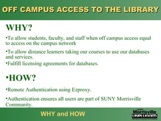 OFF CAMPUS ACCESS TO THE LIBRARY  WHY and HOW  ,[object Object],[object Object],[object Object],[object Object],[object Object],[object Object],[object Object]