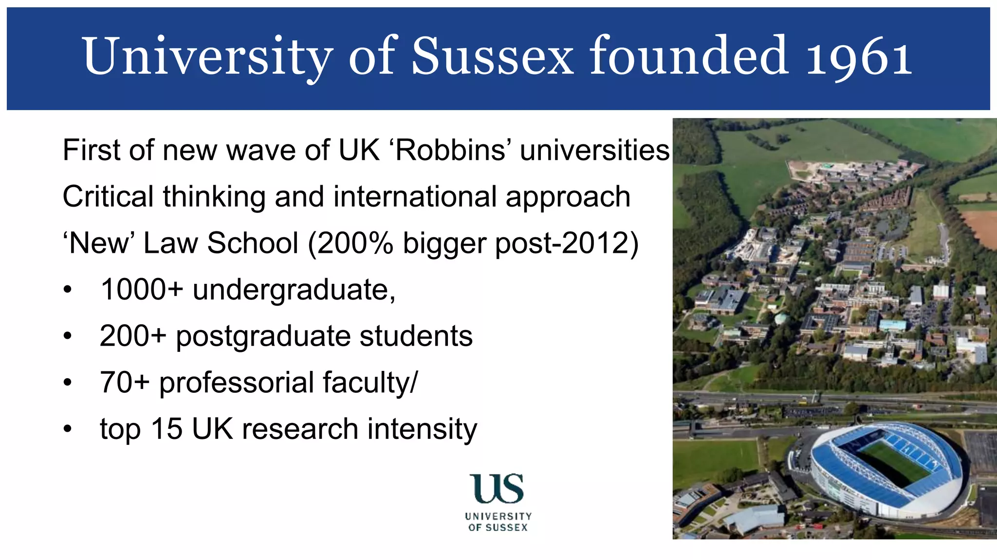 First of new wave of UK ‘Robbins’ universities
Critical thinking and international approach
‘New’ Law School (200% bigger post-2012)
• 1000+ undergraduate,
• 200+ postgraduate students
• 70+ professorial faculty/
• top 15 UK research intensity
University of Sussex founded 1961
 