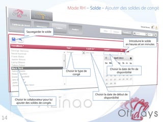 14
Mode RH – Solde - Ajouter des soldes de congé
Choisir le collaborateur pour lui
ajouter des soldes de congés
Sauvegarder le solde
Introduire le solde
en heures et en minutes
Choisir la date de fin de
disponibilité
Choisir la date de début de
disponibilité
Choisir le type de
congé
 