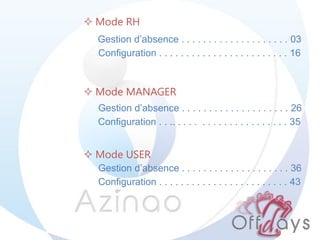 Gestion d’absence . . . . . . . . . . . . . . . . . . . . 03
Configuration . . . . . . . . . . . . . . . . . . . . . . . . 16
Gestion d’absence . . . . . . . . . . . . . . . . . . . . 26
Configuration . . .. . . . . . . . . . . . . . . . . . . . . 35
Gestion d’absence . . . . . . . . . . . . . . . . . . . . 36
Configuration . . . . . . . . . . . . . . . . . . . . . . . . 43
 Mode RH
 Mode MANAGER
 Mode USER
 