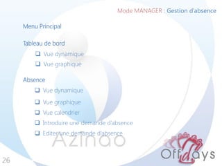 Mode MANAGER : Gestion d’absence
26
Tableau de bord
Absence
 Vue graphique
 Vue dynamique
 Vue calendrier
 Introduire une demande d’absence
 Editer une demande d’absence
 Vue graphique
 Vue dynamique
Menu Principal
 