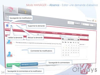 34
Mode MANAGER – Absence - Editer une demande d’absence
Commenter les modifications
Sauvegarder le commentaire et la modification
Sauvegarder le commentaire
Supprimer la demande
Valider la demande Refuser la demande
Sauvegarder les modifications
 