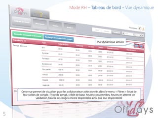 Mode RH – Tableau de bord - Vue dynamique
5
Vue dynamique activée
Cette vue permet de visualiser pour les collaborateurs sélectionnés dans le menu « Filtres » l’état de
leur soldes de congés : Type de congé, crédit de base, heures consommées, heures en attente de
validation, heures de congés encore disponibles ainsi que leur disponibilité
 