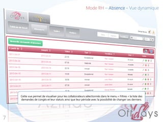 7
Mode RH – Absence - Vue dynamique
Cette vue permet de visualiser pour les collaborateurs sélectionnés dans le menu « Filtres » la liste des
demandes de congés et leur statuts ainsi que leur période avec la possibilité de changer ces derniers.
 