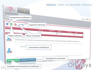10
Absence - Editer une demande d’absence
Commenter les modifications
Sauvegarder le commentaire et la modification
Sauvegarder le commentaire
Supprimer la demande
Valider la demande Refuser la demande
Sauvegarder les modifications
 