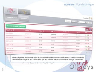 6
Absence - Vue dynamique
Cette vue permet de visualiser pour les collaborateurs sélectionnés dans le menu « Filtres » la liste des
demandes de congés et leur statuts ainsi que leur période avec la possibilité de changer ces derniers.
 