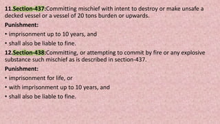 11.Section-437:Committing mischief with intent to destroy or make unsafe a
decked vessel or a vessel of 20 tons burden or upwards.
Punishment:
• imprisonment up to 10 years, and
• shall also be liable to fine.
12.Section-438:Committing, or attempting to commit by fire or any explosive
substance such mischief as is described in section-437.
Punishment:
• imprisonment for life, or
• with imprisonment up to 10 years, and
• shall also be liable to fine.
 
