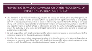 PREVENTING SERVICE OF SUMMONS OR OTHER PROCEEDING, OR
PREVENTING PUBLICATION THEREOF
 207. Whoever in any manner intentionally prevents the serving on himself, or on any other person, of
any summons, notice or order proceeding from any public servant legally competent, as such public
servant, to issue such summons, notice or order, or intentionally prevents the lawful affixing to any place
of any such summons, notice or order or intentionally removes any such summons, notice or order from
any place to which it is lawfully affixed or intentionally prevents the lawful making of any proclamation,
under the authority of any public servant legally competent, as such public servant, to direct such
proclamation to be made,––
 (a) shall be punished with simple imprisonment for a term which may extend to one month, or with fine
which may extend to five thousand rupees, or with both;
 (b) where the summons, notice, order or proclamation is to attend in person or by agent, or to produce a
document or electronic record in a Court, with simple imprisonment for a term which may extend to six
months, or with fine which may extend to ten thousand rupees, or with both
 