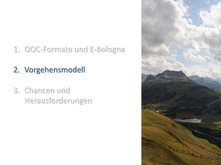 1. OOC-Formate und E-Bologna

2. Vorgehensmodell

3. Chancen und
   Herausforderungen




                               (10)
 