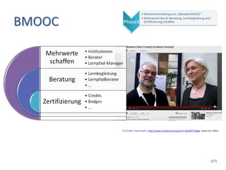 BMOOC




        YouTube, Educamptv, http://www.youtube.com/watch?v=RgVMTFrCgBg , Stand 16.7.2012




                                                                                 (17)
 