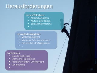 Herausforderungen
                 Lerner/Teilnehmer




                                                  Bild, Fan, L., http://www.flickr.com/photos/laurelfan/5105723185/sizes/o/in/photostream/ , Stand 16.7.2012
                   • Medienkompetenz
                   • Mut zur Beteiligung
                   • Selbstlernkompetenz
                   • …


         Lehrende/Lernbegleiter
           • Medienkompetenz
           • Mut neue Rolle anzunehmen
           • verschiedene Dialoggruppen
           • …

Institutionen
  • Qualitätssicherung
  • technische Realisierung
  • rechtliche Hürden: Urheberrecht
  • Zertifizierung
  • …
                                           (20)
 