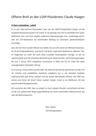 Offener Brief von CSV-Parteipräsident Marc Spautz