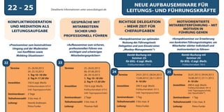NEUE AUFBAUSEMINARE FÜR
 22 - 25                                        Detailiierte Informationen unter www.dialogart.de
                                                                                                                        LEITUNGS- UND FÜHRUNGSKRÄFTE

 KONFLIKTMODERATION                                           GESPRÄCHE MIT                                   RICHTIGE DELEGATION                              MOTIVORIENTIERTE
  UND MEDIATION ALS                                            MITARBEITERN                                      – MEHR ZEIT FÜR                           MITARBEITERFÜHRUNG – MIT
                                                                                                                                                                  MOTIVEN IN
   LEITUNGSAUFGABE                                              SICHER UND                                       CHEFAUFGABEN                                   FÜHRUNG GEHEN
                                                           PROFESSIONELL FÜHREN
                                                                                                              »Kompaktseminar zur optimalen                   »Kompaktseminar zur Erweiterung
                                                                                                                 Nutzung des Führungstools                  von konkreten Führungsstrategien, um
     »Praxisseminar zum konstruktiven                        »Aufbauseminar zum sicheren,                     Delegation und zum Einsatz eines                Mitarbeiter stärker individuell und
        Umgang und der Moderation                              professionellen Führen von                        „Monkey-Managements“«                            motivorientiert zu führen«
           von Konflikten sowie                                wichtigen und schwierigen
          Mobbing-Situationen«                                  Mitarbeitergesprächen«                                Kombi-Buchung mit                                Kombi-Buchung mit
                                                                                                                          Seminar 25:                                      Seminar 24:
                                                                                                                     für 850,- € zzgl. MwSt.                          für 850,- € zzgl. MwSt.
22                                                    23                                                                Frühbucherrabatt: 775 €                         Frühbucherrabatt: 765 €
      Termine        25.-26.04.2013                        Termine           25.-26.02.2013
                     24.-25.10.2013                                          06.-07.06.2013             24                                                 25
                     1. Tag 10–18 Uhr                                        28.-29.10.2013                   Termine           24.01.2013 | 08.04.2013         Termine       25.01.2013 | 09.04.2013
                     2. Tag 9–17.30 Uhr                                      1. Tag 10–18 Uhr                                   15.08.2013 | 26.11.2013                       16.08.2013 | 27.11.2013
                                                                             2. Tag 9–17.30 Uhr                                 9–18 Uhr                                      9–18 Uhr
     Investition     750 € zzgl. MwSt.
                     Frühbucherrabatt: 675 €               Investition       750 € zzgl. MwSt.               Investition        390 € zzgl. MwSt.               Investition   490 € zzgl. MwSt.
                                                                                                                                                                              Frühbucherrabatt: 441 €
                     (inkl. Tagungspauschale)                                Frühbucherrabatt: 675 €                            Frühbucherrabatt: 351 €                       (inkl. Tagungspauschale,
                                                                             (inkl. Tagungspauschale)                           (inkl. Tagungspauschale)                      inkl. ReissProfile™)
     Seminardauer:   2 Tage
     Teilnehmerzahl: 3 bis max. 8                          Seminardauer:     2 Tage                          Seminardauer: 1 Tag                                Seminardauer: 1 Tag

     Leitung:        Henrik Andresen                       Teilnehmerzahl: 3 bis max. 8                      Teilnehmerzahl: 3 bis max. 8                       Teilnehmerzahl: 3 bis max. 8
                     Petra Funke                           Leitung:          Thomas Haß                      Leitung:           Petra Funke                     Leitung:          Petra Funke
 