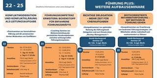KONFLIKTMODERATION
UND KONFLIKTKLÄRUNG
ALS LEITUNGSAUFGABE
»Praxisseminar zur konstruktiven
Klärung und der prozessorien-
tierten Moderation von Konflikten«
Termine
17.–18.10.2016
1. Tag 10–18 Uhr
2. Tag 9–17.30 Uhr
Leitung: Henrik Andresen
Petra Funke
22 - 25
FÜHRUNGSKOMPETENZ
ERWEITERN: BOXENSTOPP
FÜR ERFAHRENE
FÜHRUNGSKRÄFTE
»Coaching-Seminar zur
Weiterentwicklung der
persönlichen Kernkompetenzen
und einer wirkungsvollen
Führungskompetenz«
Termine 22.–23.02.2016
1. Tag 10–18 Uhr
2. Tag 9–17.30 Uhr
Investition 750 € zzgl. MwSt.
Frühbucherrabatt: 675 €
(inkl. Tagungspauschale)
Seminardauer: 2 Tage
Teilnehmerzahl: 3 bis max. 8
Leitung: Thomas Haß
RICHTIGE DELEGATION
– MEHR ZEIT FÜR
CHEFAUFGABEN
»Kompaktseminar zur optimalen
Nutzung des Führungstools
Delegation und zum Einsatz eines
„Monkey-Managements“«
Termine 13.05.2016
19.10.2016
9–17:30 Uhr
Investition
Seminardauer: 1 Tag
Teilnehmerzahl: 3 bis max. 8
Leitung: Petra Funke
MOTIVORIENTIERTE
MITARBEITERFÜHRUNG –
MIT MOTIVEN IN
FÜHRUNG GEHEN
Termine 12.05.2016
20.10.2016
9–17:30 Uhr
Investition 390 € zzgl. MwSt.
Frühbucherrabatt: 351 €
(inkl. Tagungspauschale)
Seminardauer: 1 Tag
Teilnehmerzahl: 3 bis max. 8
Leitung: Petra Funke
22 23
25
»Kompaktseminar zur Erweiterung
von konkreten Führungsstrategien, um
Mitarbeiter stärker individuell und
motivorientiert zu führen«
Kombi-Buchung mit
Seminar 25:
für 720,- € zzgl. MwSt.
Frühbucherrabatt: 648 €
24
Kombi-Buchung mit
Seminar 24:
für 720,- € zzgl. MwSt.
Frühbucherrabatt: 648 €
FÜHRUNG PLUS:
WEITERE AUFBAUSEMINAREDetailierte Informationen unter www.dialogart.de
dialogart_heft2013_korr_druck_Terminheft_DINlang_RZ 27.12.2012 19:44 Seite 22
390 € zzgl. MwSt.
Frühbucherrabatt: 351 €
(inkl. Tagungspauschale)
06.–07.04.2016
13.–14.06.2016
10.–11.10.2016
Investition 750 € zzgl. MwSt.
Frühbucherrabatt: 675 €
(inkl. Tagungspauschale)
Seminardauer: 2 Tage
Teilnehmerzahl: 3 bis max. 8
 