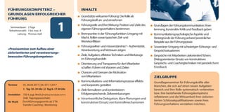 1Seminardauer: 2 Tage
Teilnehmerzahl: 3 bis max. 8
Leitung: Thomas Haß
Termine 05.-06.04.2017 | 06.-07.11.2017
1. Tag 10–18 Uhr | 2. Tag 9–17.30 Uhr
Investition 750 € zzgl. MwSt.|Frühbucherrabatt: 675 €
(inkl. Tagungspauschale)
Ihr PLUS Durchführungsgarantie ab 3 TN
Transfer-Coaching | Monitoring
FÜHRUNGSKOMPETENZ –
GRUNDLAGEN ERFOLGREICHER
FÜHRUNG
»Praxisseminar zum Aufbau einer
zielorientierten und verantwortungs-
bewussten Führungskompetenz«
INHALTE
GrundsätzewirksamerFührung:DieRolleals
Führungskraftan-undeinnehmen
FührungsstileundihreWirkung:PositionundZieledes
eigenenFührungsverhaltensbestimmen
BrennpunkteinderFührungsfunktion:Umgangmit
Macht,RollensowietypischenZiel-und
Wertekonflikten
Führungsselbst-undmissverständnis?–Authentizität,
VerantwortungundVertrauenzeigen
Ziele,Aufgaben,effektiveTechnikenundWerkzeuge
imFührungshandeln
OrientierungundTransparenzfürdenMitarbeiter
schaffen:FührenmitVisionenundZielen
ChancenundGrenzenderMotivation
vonMitarbeitern
Kommunikations-undInformationsprozesseeffektiv
undkooperativgestalten
Zieleformulierenundkonkretisieren:
ErfolgversprechendeZielvereinbarungen
VerantwortlicheDelegation,klarePlanungenund
konstruktiverEinsatzvonKontrollmechanismen
GrundlagenderFührungskommunikation:Aner-
kennung,konstruktivKritikundFeedbackgeben
KommunikationspsychologischeAspekteund
HintergründederFührunganhandpersönlicher
BeispieleausderFührungspraxis
SouveränerUmgangmitschwierigenFührungs-und
Gesprächssituationen
GesprächemitMitarbeiternzielorientiertführen:
DialogorientierterEinsatzvonkonstruktiven
Gesprächs-undCoachingtechnikenmitpersönlichem
Feedback
ZIELGRUPPE
Grundlagenseminar für Führungskräfte aller
Branchen, die sich auf einen neuen Aufgaben-
bereich und ihre Rolle systematisch vorbereiten
bzw. ihre bestehende Führungskompetenz
reflektieren und die Wirksamkeit ihrer zielorien-
tierten Schlüsselqualifikationen sowie ihres
Führungsverhaltens verstärken möchten.
dialogart_heft2013_korr_druck_Terminheft_DINlang_RZ 27.12.2012 19:44 Seite 4
 