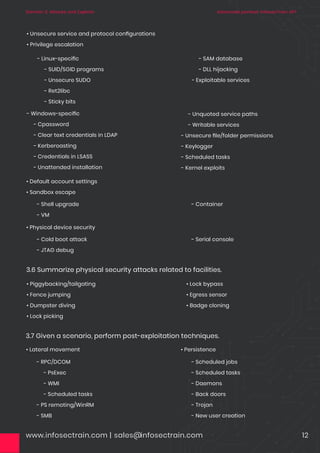 www.infosectrain.com | sales@infosectrain.com 12
• Default account settings
• Sandbox escape
- Shell upgrade
- VM
- Container
• Physical device security
- Cold boot attack
- JTAG debug
- Serial console
- Windows-speciﬁc
- Cpassword
- Clear text credentials in LDAP
- Kerberoasting
- Credentials in LSASS
- Unattended installation
- Unquoted service paths
- Writable services
- Unsecure ﬁle/folder permissions
- Keylogger
- Scheduled tasks
- Kernel exploits
• Piggybacking/tailgating
• Fence jumping
• Dumpster diving
• Lock picking
• Lock bypass
• Egress sensor
• Badge cloning
3.6 Summarize physical security attacks related to facilities.
• Lateral movement
- RPC/DCOM
- PsExec
- WMI
- Scheduled tasks
- PS remoting/WinRM
- SMB
• Persistence
- Scheduled jobs
- Scheduled tasks
- Daemons
- Back doors
- Trojan
- New user creation
3.7 Given a scenario, perform post-exploitation techniques.
• Unsecure service and protocol conﬁgurations
• Privilege escalation
- Linux-speciﬁc
- SUID/SGID programs
- Unsecure SUDO
- Ret2libc
- Sticky bits
- SAM database
- DLL hijacking
- Exploitable services
Advanced pentest: InfosecTrain APT
Domain 3: Attacks and Exploits
 