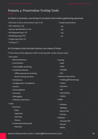www.infosectrain.com | sales@infosectrain.com 14
• SYN scan (-sS) vs. full connect scan (-sT)
• Port selection (-p)
• Service identiﬁcation (-sV)
• OS ﬁngerprinting (-O)
• Disabling ping (-Pn)
• Target input ﬁle (-iL)
• Timing (-T)
• Output parameters
4.1 Given a scenario, use Nmap to conduct information gathering exercises.
• Use cases
- Reconnaissance
- Enumeration
-oA
-oN
-oG
-oX
4.2 Compare and contrast various use cases of tools.
(**The intent of this objective is NOT to test speciﬁc vendor feature sets.)
Domain 4: Penetration Testing Tools
- Vulnerability scanning
- Credential attacks
- Ofﬂine password cracking
- Brute-forcing services
- Persistence
- Conﬁguration compliance
- Evasion
- Decompilation
- Forensics
- Debugging
- Software assurance
- Fuzzing
- SAST
- DAST
- WinDBG
- IDA
- Software assurance
- Findbugs/ﬁndsecbugs
- Peach
- Dynamo
- AFL
- SonarQube
- YASCA
- OSINT
• Tools
- Scanners
- Nikto
- OpenVAS
- SQLmap
- Nessus
- Credential testing tools
- Hashcat
- Shodan
- Maltego
- Recon-NG
- Censys
- Wireless
- Aircrack-NG
- Kismet
- WiFite
Advanced pentest: InfosecTrain APT
Domain 4: Penetration testing tools
 