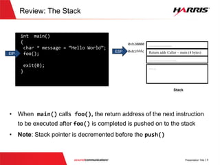 Review:The Stack
 When main() calls foo(), the return address of the next
instruction to be executed after foo() is completed is pushed on
to the stack
 Note: Stack pointer is decremented before the push()
v
int main()
{
char * message = “Hello World”;
foo();
exit(0);
}
EIP
……………….
Return addrCaller – main (4 bytes)
…………………..
……
0xb20000
Stack
0xb1fffcESP
 