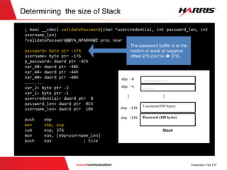 Smashing the Stack (The steps)
2) Figure out where at on the stack the local buffer
to store password is located
(NEXT SLIDE)
 