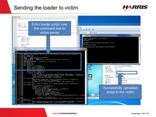 Exploiting the Smash (Step 1)
1) Use remote command line access to send a
loader script to the victim
(NEXT 2 SLIDES)
 