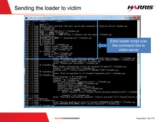 Sending the loader to victim
Echo loader script over the
command line to victim
server
Successfully uploaded
script to the victim
 