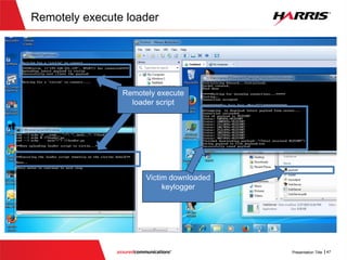 Exploiting the Smash (Step 2)
2) Remotely execute the loader to download
keylogger to victim
(NEXT SLIDE)
 