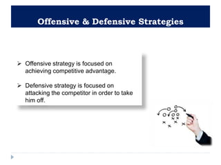 Offensive & Defensive Strategies
 Offensive strategy is focused on
achieving competitive advantage.
 Defensive strategy is focused on
attacking the competitor in order to take
him off.
 