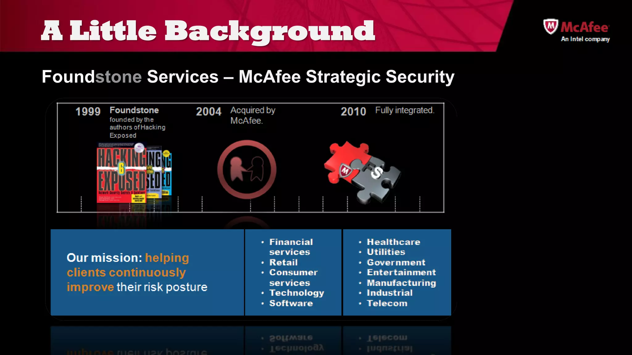A Little Background
Foundstone Services – McAfee Strategic Security
 