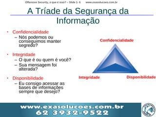 Offensive Security, o que é isso? – Slide 1- 6   www.exasolucoes.com.br



          A Tríade da Segurança da
                 Informação
•   Confidencialidade
     – Nós podemos ou
       conseguimos manter                                          Confidencialidade
       segredo?
•   Integridade
     – O que é ou quem é você?
     – Sua mensagem foi
       alterada?
•   Disponibilidade                                  Integridade                   Disponibilidade
     – Eu consigo acessar as
       bases de informações
       sempre que desejo?


                                                                                            6
 