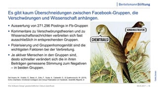  Auswertung von 271.296 Postings in Fb-Gruppen
 Kommentare zu Verschwörungstheorien und zu
Wissenschaftsnachrichten verbreiten sich fast
ausschließlich in entsprechenden Gruppen.
 Polarisierung und Gruppenhomogenität sind die
wichtigsten Faktoren bei der Verbreitung.
 Je aktiver Menschen in den Gruppen sind,
desto schneller verändert sich die in ihren
Beiträgen gemessene Stimmung zum Negativen
– in beiden Gruppen.
09.03.2017 |Wie Software-Design gesellschaftlichen Diskurs beeinflusst 16
Del Vicario, M., Vivaldo, G., Bessi, A., Zollo, F., Scala, A., Caldarelli, G., & Quattrociocchi, W. (2016).
Echo Chambers: Emotional Contagion and Group Polarization on Facebook. Scientific Reports, 6.
Es gibt kaum Überschneidungen zwischen Facebook-Gruppen, die
Verschwörungen und Wissenschaft anhängen.
PubilicDomain
 