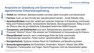 Ansprüche an Gestaltung und Governance von Prozessen
algortihmischer Entscheidungsfindung.
09.03.2017 |Wie Software-Design gesellschaftlichen Diskurs beeinflusst 23
 Vielfalt der Verfahren, Betreibermodelle und Ziele stärkt Innovation und Gemeinwohl.
 Fairness muss vor dem Einsatz klar operationalisiert werden – breite Debatte nötig.
 Verantwortlichkeit muss klar verteilt sein zwischen Instanzen in Entwicklung und Einsatz.
Nötig sind Professionsethik, handwerkliche Standards, Berufungsinstanzen. Nötig ist auch
der Diskurs über die grundsätzliche Zulässigkeit bestimmter ADM-Prozesse.
 Transparenz und Erklärbarkeit sind nach Teilhaberelevanz abzustufen: Laufen ADM-
Prozesse? Welche? Wozu? Wie arbeiten sie? Erklärbarkeit ist Voraussetzung für Diskurs.
 Überprüfbarkeit herrscht, wenn unabhängige Dritte die Güte maschineller
Entscheidungen bewerten, Fehler suchen, gesellschaftliche Folgen prüfen.
 Korrigierbarkeit: Systeme müssen Raum für Falsifikation und Bewährung bieten.
 Anwendungskompetenz bei Entwicklern, Anwendern, Nutzern: Wissen über ADM-
Fähigkeiten, Fehlerquellen und Folgen. Damit Prognosen nicht als Gewissheiten gelten.
MesoMakroMikro
 