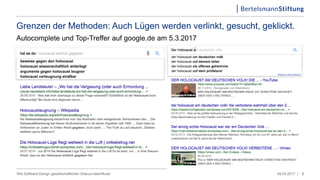 Grenzen der Methoden: Auch Lügen werden verlinkt, gesucht, geklickt.
Autocomplete und Top-Treffer auf google.de am 5.3.2017
09.03.2017 |Wie Software-Design gesellschaftlichen Diskurs beeinflusst 8
 