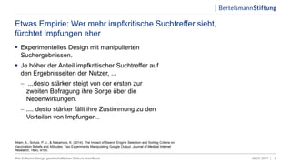  Experimentelles Design mit manipulierten
Suchergebnissen.
 Je höher der Anteil impfkritischer Suchtreffer auf
den Ergebnisseiten der Nutzer, ...
 ...desto stärker steigt von der ersten zur
zweiten Befragung ihre Sorge über die
Nebenwirkungen.
 .... desto stärker fällt ihre Zustimmung zu den
Vorteilen von Impfungen..
09.03.2017 |Wie Software-Design gesellschaftlichen Diskurs beeinflusst 9
Allam, A., Schulz, P. J., & Nakamoto, K. (2014). The Impact of Search Engine Selection and Sorting Criteria on
Vaccination Beliefs and Attitudes: Two Experiments Manipulating Google Output. Journal of Medical Internet
Research, 16(4), e100.
Etwas Empirie: Wer mehr impfkritische Suchtreffer sieht,
fürchtet Impfungen eher
 