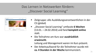 20
Das Lernen in Netzwerken fördern:
„Discover Social Learning“
 Zielgruppe: alle Ausbildungsverantwortlichen in der
CS (global)
 „Discover Social Learning“ umfasste 6 Wochen
(13.01. – 24.02.2014) und fand komplett online
statt.
 Die Teilnahme am Kurs war ausdrücklich
erwünscht.
Leitung und Management waren im Kurs präsent.
 Der Arbeitsaufwand für die Teilnehmer wurde mit
ca. 4 Stunden in der Woche kommuniziert.
 