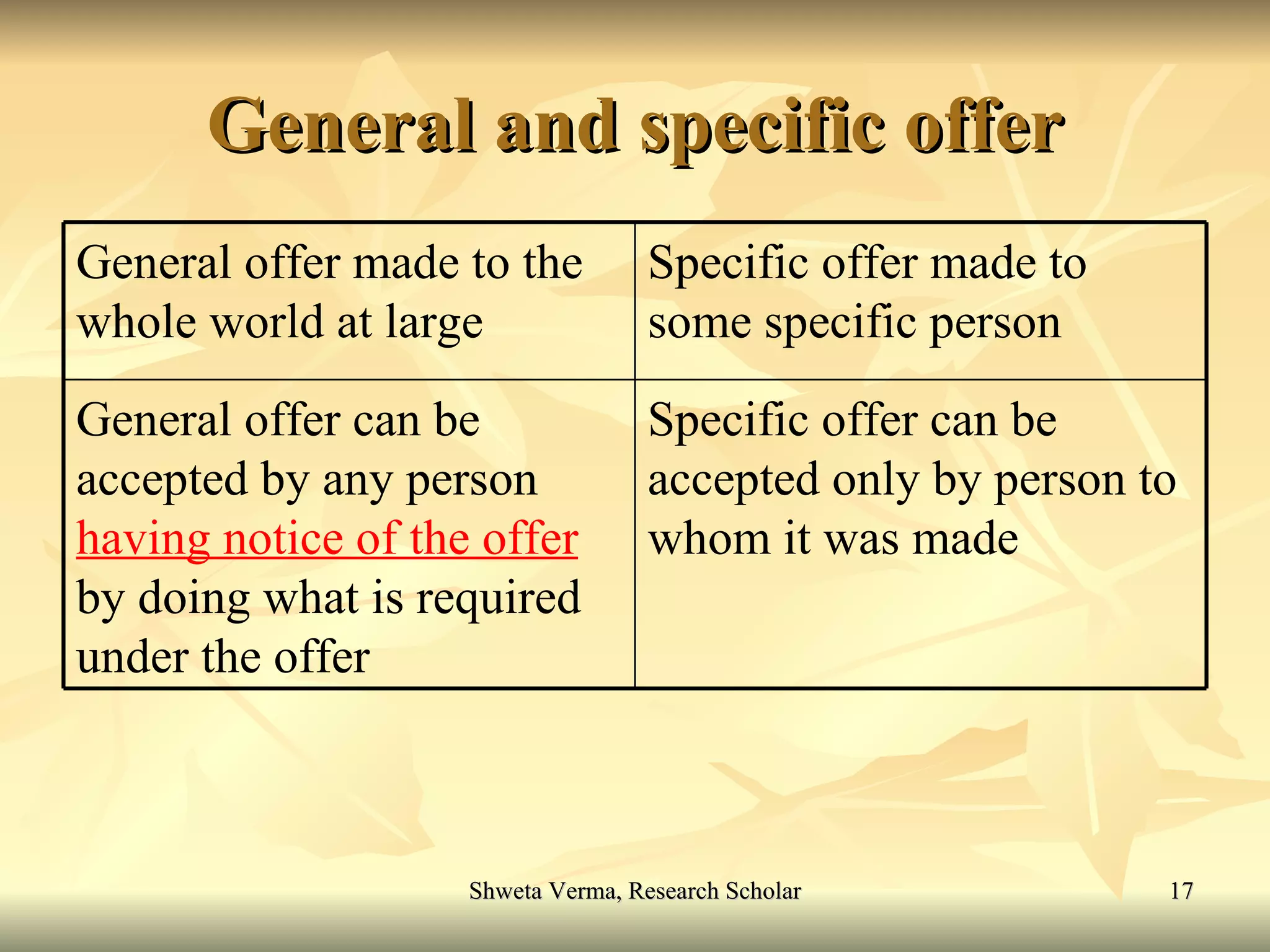 General and specific offer Specific offer can be accepted only by person to whom it was made General offer can be accepted by any person  having notice of the offer  by doing what is required under the offer Specific offer made to some specific person  General offer made to the whole world at large  