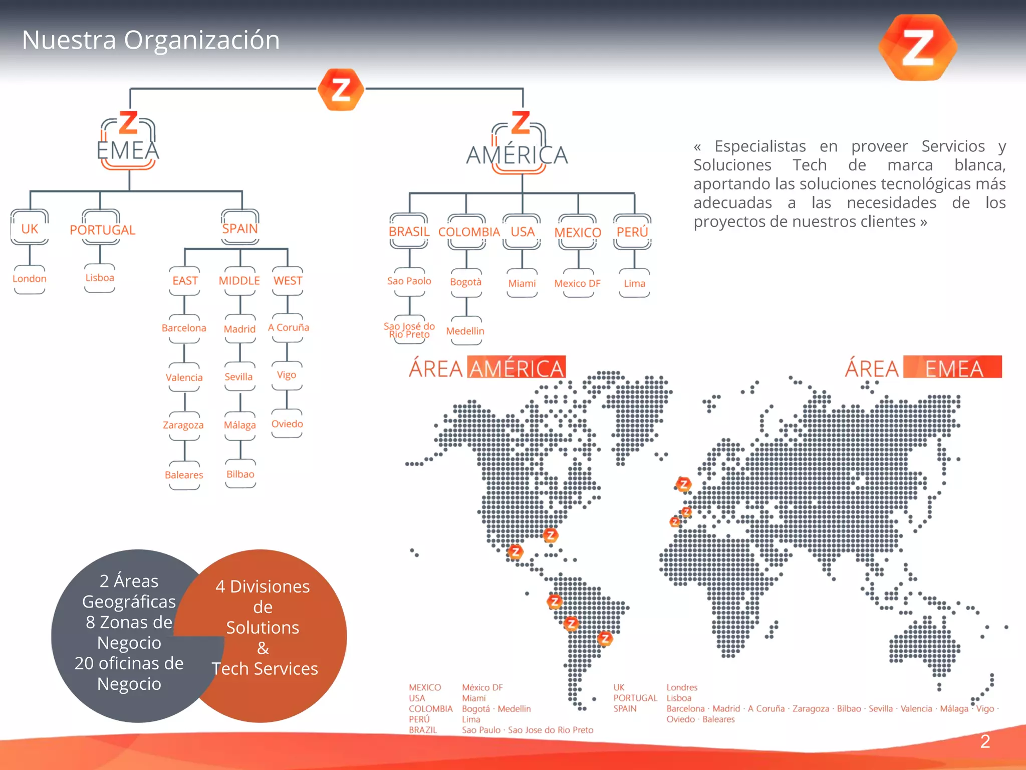 Nuestra Organización
2
« Especialistas en proveer Servicios y
Soluciones Tech de marca blanca,
aportando las soluciones tecnológicas más
adecuadas a las necesidades de los
proyectos de nuestros clientes »
4 Divisiones
de
Solutions
&
Tech Services
2 Áreas
Geográficas
8 Zonas de
Negocio
20 oficinas de
Negocio
 