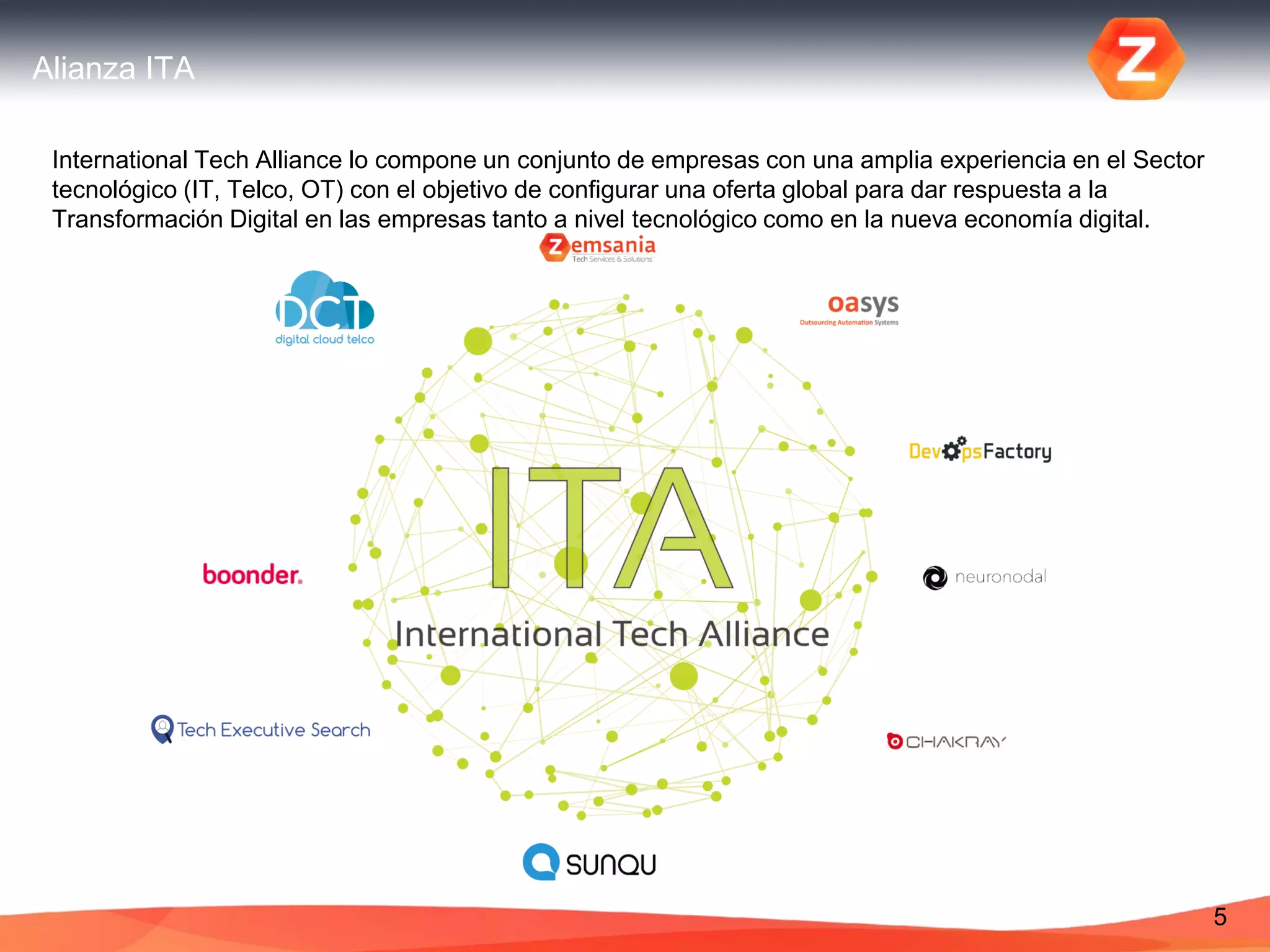 Alianza ITA
5
International Tech Alliance lo compone un conjunto de empresas con una amplia experiencia en el Sector
tecnológico (IT, Telco, OT) con el objetivo de configurar una oferta global para dar respuesta a la
Transformación Digital en las empresas tanto a nivel tecnológico como en la nueva economía digital.
 