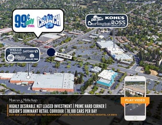 PLAY VIDEO
HIGHLY DESIRABLE NET LEASED INVESTMENT | PRIME HARD CORNER |
REGION’S DOMINANT RETAIL CORRIDOR | 70,100 CARS PER DAY
6124 SAN JUAN AVENUE AND 7424 GREENBACK LANE, SACRAMENTO (CITRUS HEIGHTS), CA 95610
70,100CARSPERDAY
 