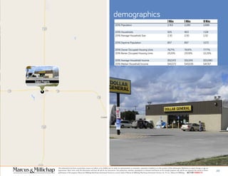 25
demographics
This information has been secured from sources we believe to be reliable, but we make no representations or warranties, expressed or implied, as to the accuracy of the information. References to square footage or age are
approximate. Buyer must verify the information and bears all risk for any inaccuracies. Any projections, opinions, assumptions or estimates used herein are for example purposes only and do not represent the current or future
performance of the property. Marcus & Millichap Real Estate Investment Services is a service mark of Marcus & Millichap Real Estate Investment Services, Inc. © 2011 Marcus & Millichap ACT ID Y0080278
20
Subject Property
3 Miles 5 Miles 10 Miles
2016 Population 2,163 2,285 2,686
2016 Households 925 963 1,128
2016 Average Household Size 2.30 2.30 2.32
2016 Daytime Population 857 897 1,072
2016 Owner Occupied Housing Units 76.71% 76.91% 77.71%
2016 Renter Occupied Housing Units 23.29% 23.09% 22.29%
2016 Average Household Income $52,913 $52,915 $53,080
2016 Median Household Income $40,372 $40,535 $41,157
 