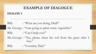 EXAMPLE OF DIALOGUE
DIALOG 1
Billy : “What are you doing, Dad?”
Mr. George : “I am going to plant some vegetables”
Billy : “Can I help you?”
Mr. George : “Yes, please clean the soil from the grass after I
hoe.”
Billy : “Certainly, Dad.”
 